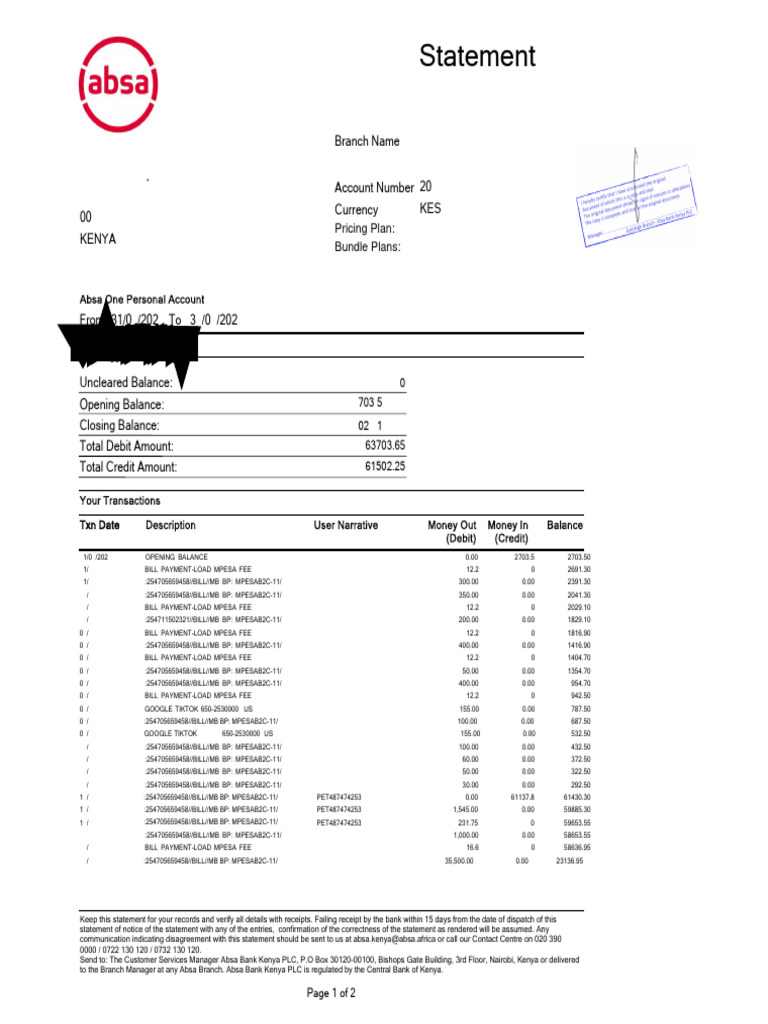 786731864 Absa Bank Statement | PDF | Banks | Debit Card