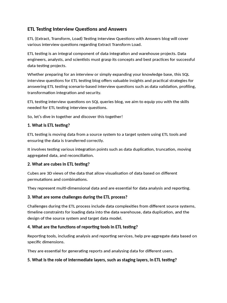 ETL Testing Interview Questions and Answers 6 | PDF | Data Warehouse ...