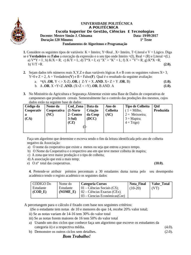 1o Fundamentos de Algoritmos e programação _ 20117 _A | PDF | Algoritmos