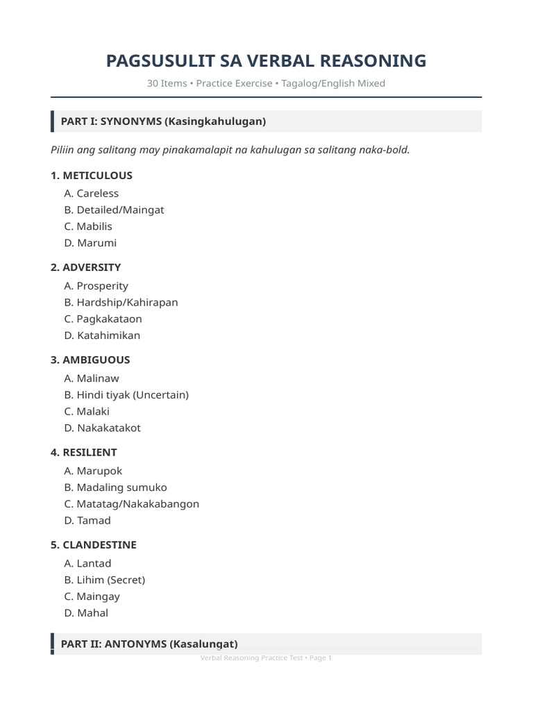 Verbal Reasoning Practice Test | PDF