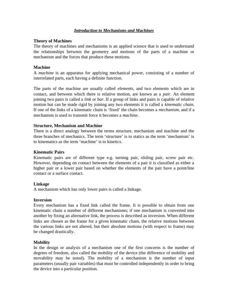 Introduction To Mechanisms and Machines | PDF | Kinematics | Machines