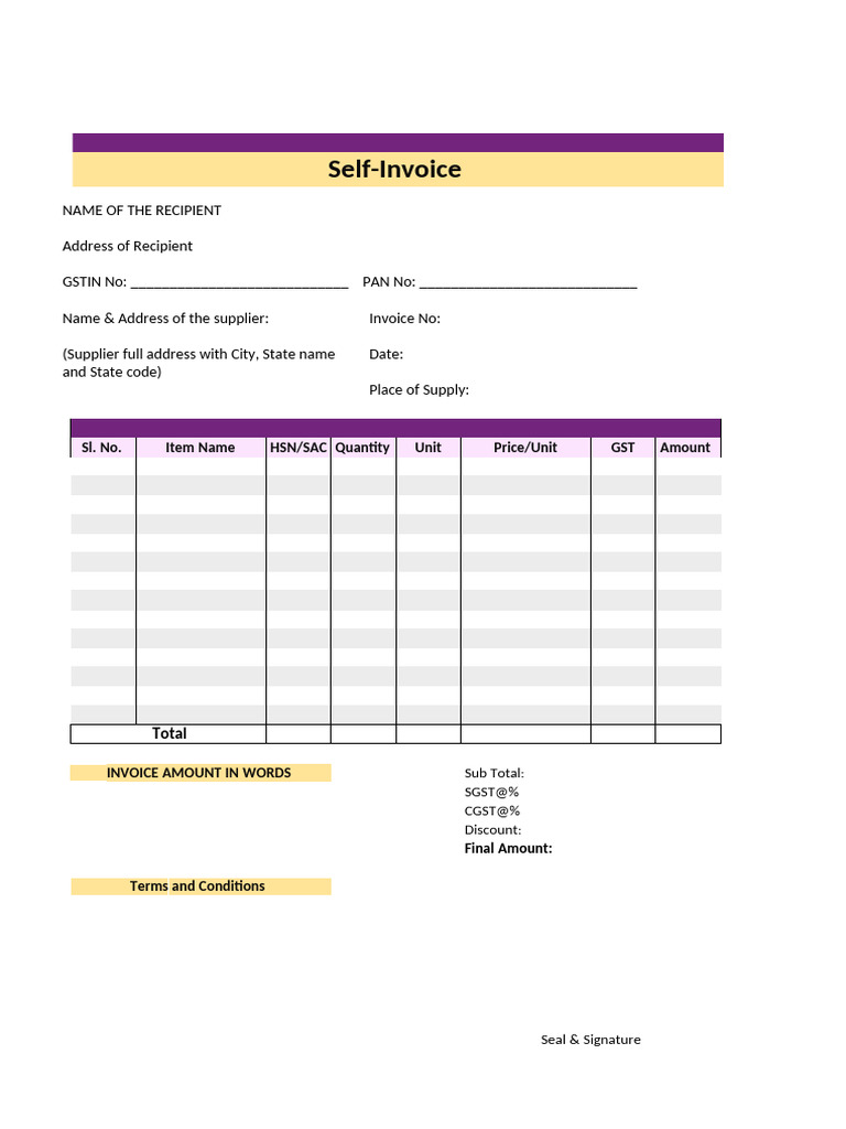 Self Invoice Format Word 3 | PDF