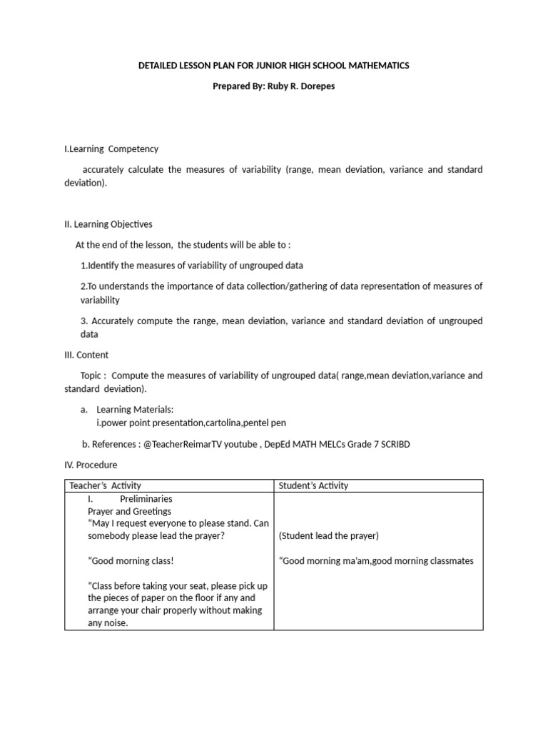 DETAILED LESSON PLAN FOR JUNIOR HIGH SCHOOL MATHEMATICS | PDF ...