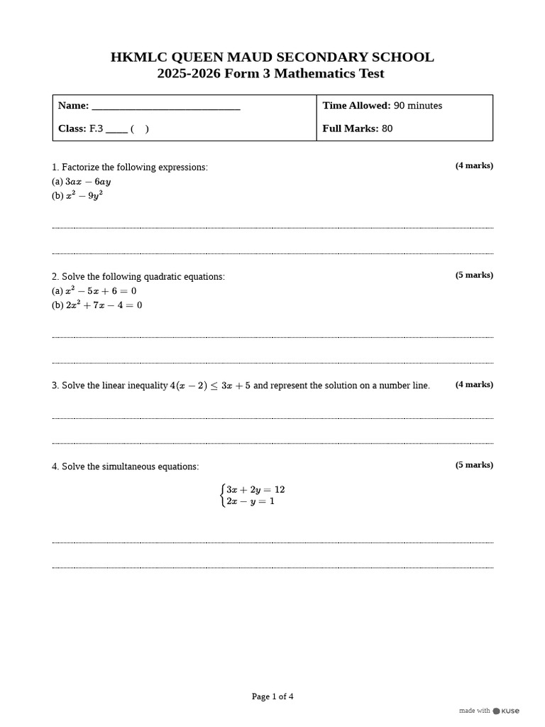 (Kuse) 2025-2026 Form 3 Mathematics Test 1 Paper 1 | PDF | Elementary ...