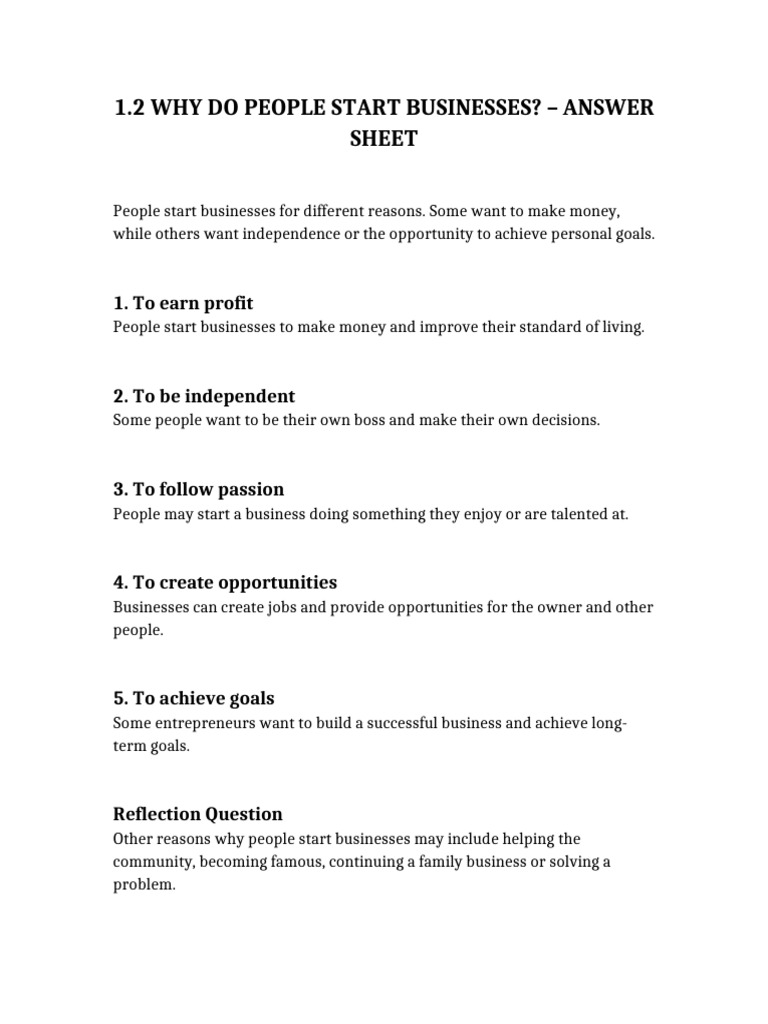 Why People Start Businesses Answer Sheet | PDF
