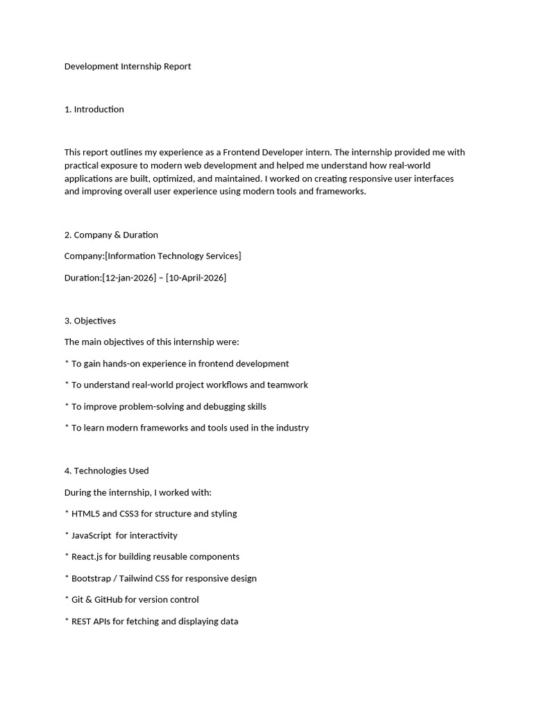 Frontend Development Internship Report | PDF