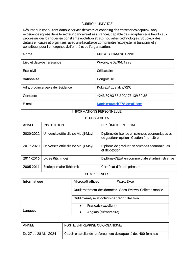 Daniel Mutatsh Cv. | PDF | Banques | Entrepreneuriat