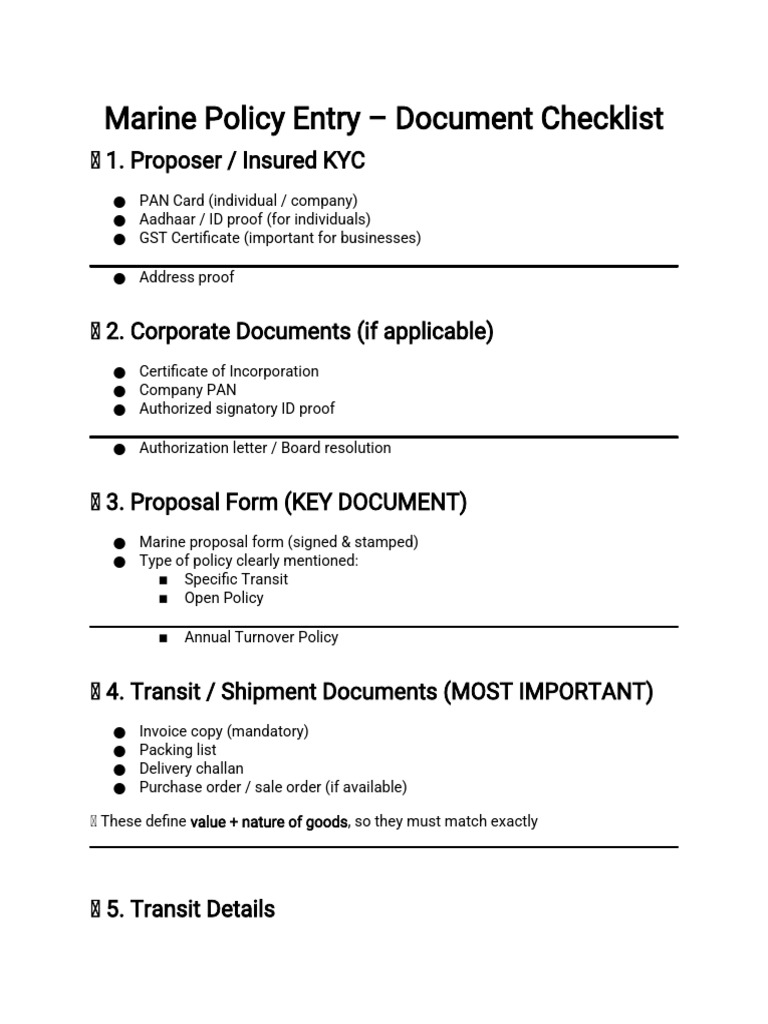 Marine Policy Entry - Document Checklist | PDF