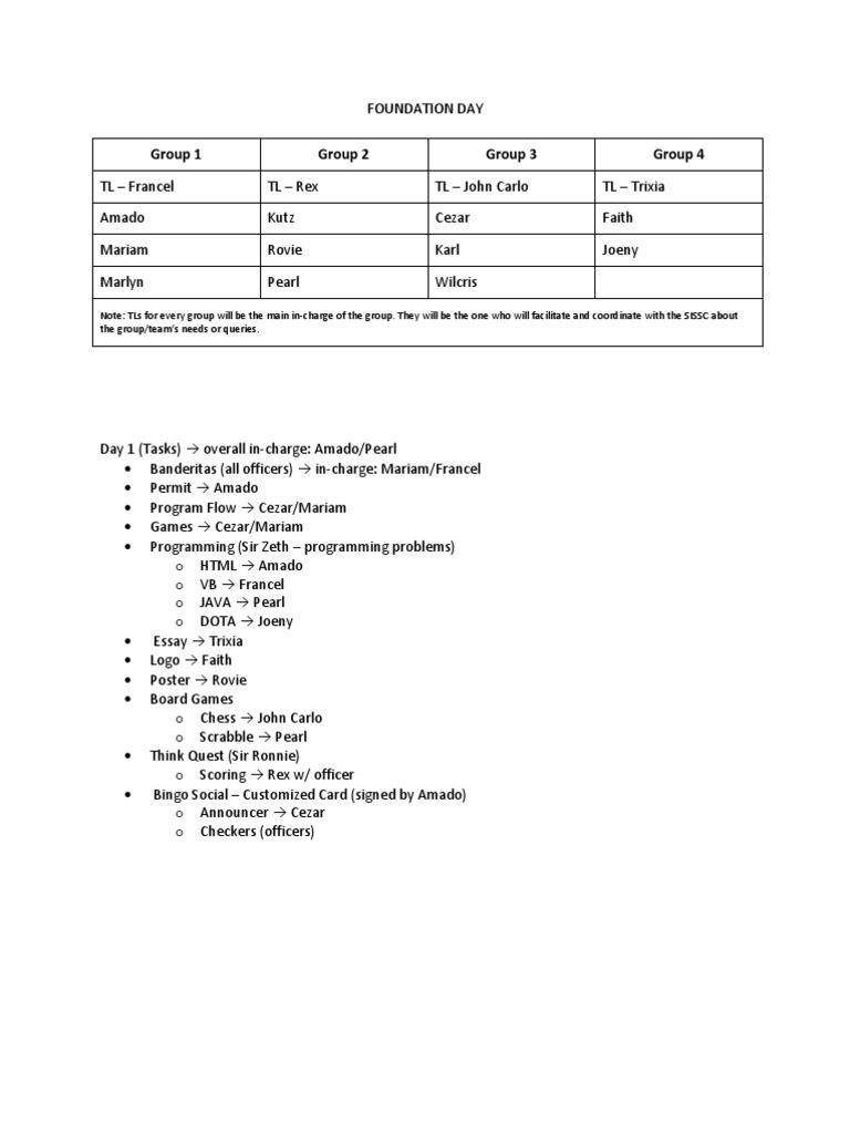 Foundation Day Event Coordination Plan | PDF