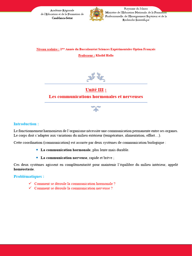 1BACEXF Unité III Chapitre 1 Cours | PDF | Pancréas | Insuline