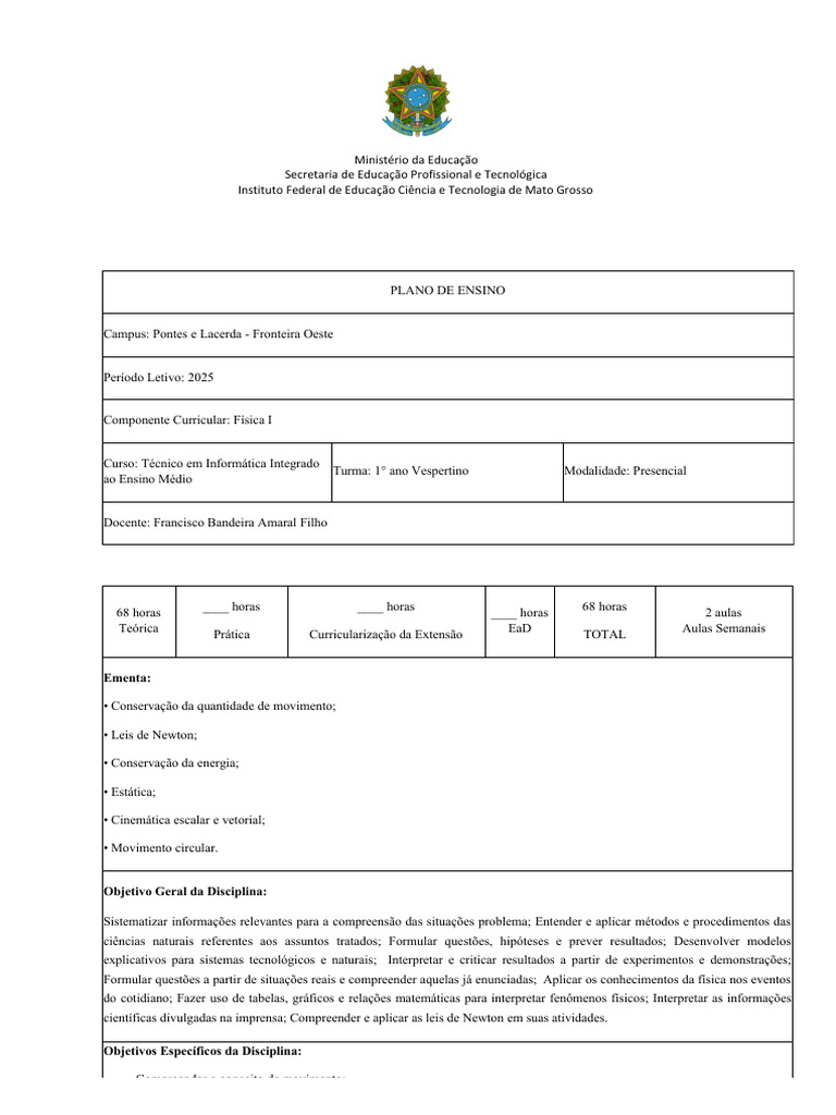 Plano de Ensino | PDF | Física | Velocidade