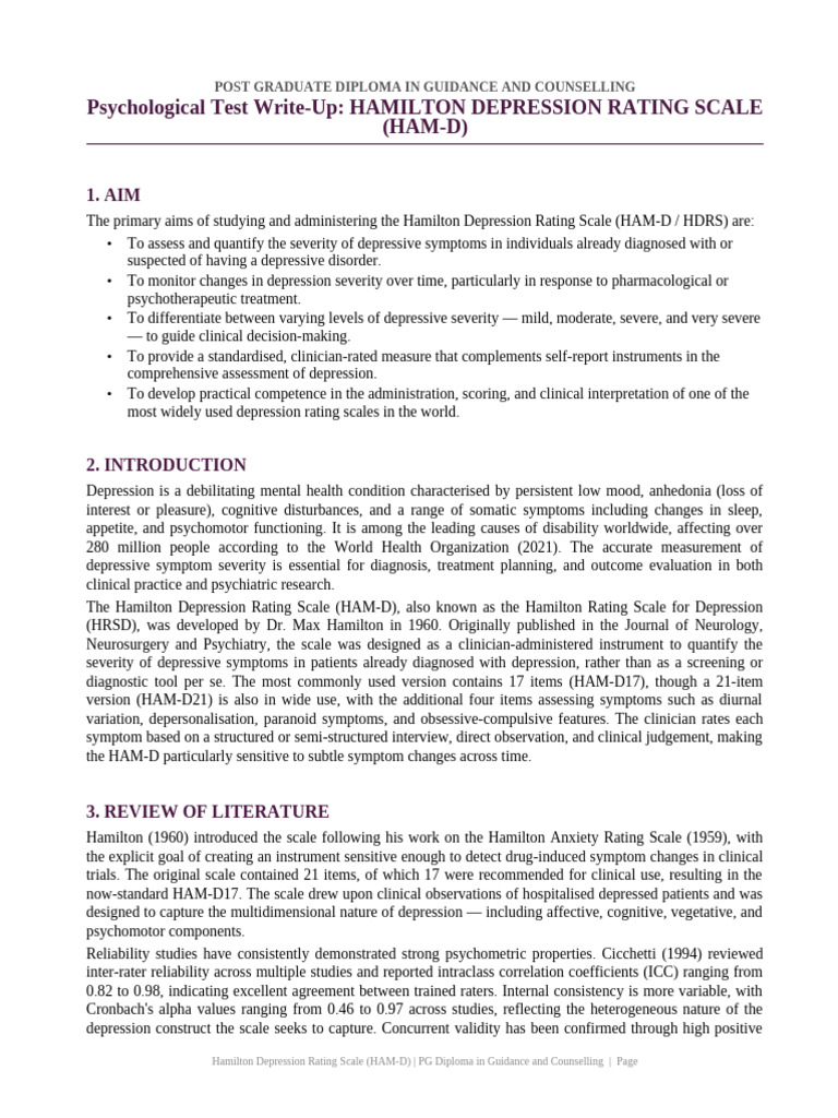 Hamilton_Depression_Scale_Write_Up | PDF | Major Depressive Disorder ...