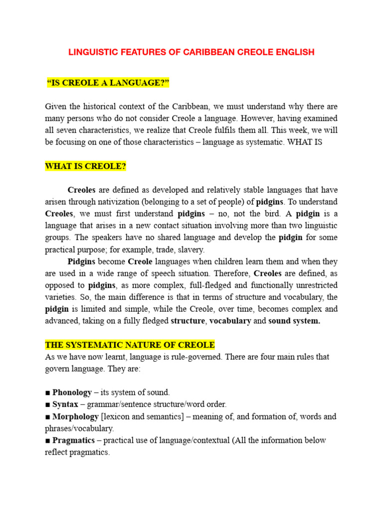 Linguistic Features of Caribbean Creole.docx | PDF | Linguistics | Grammar