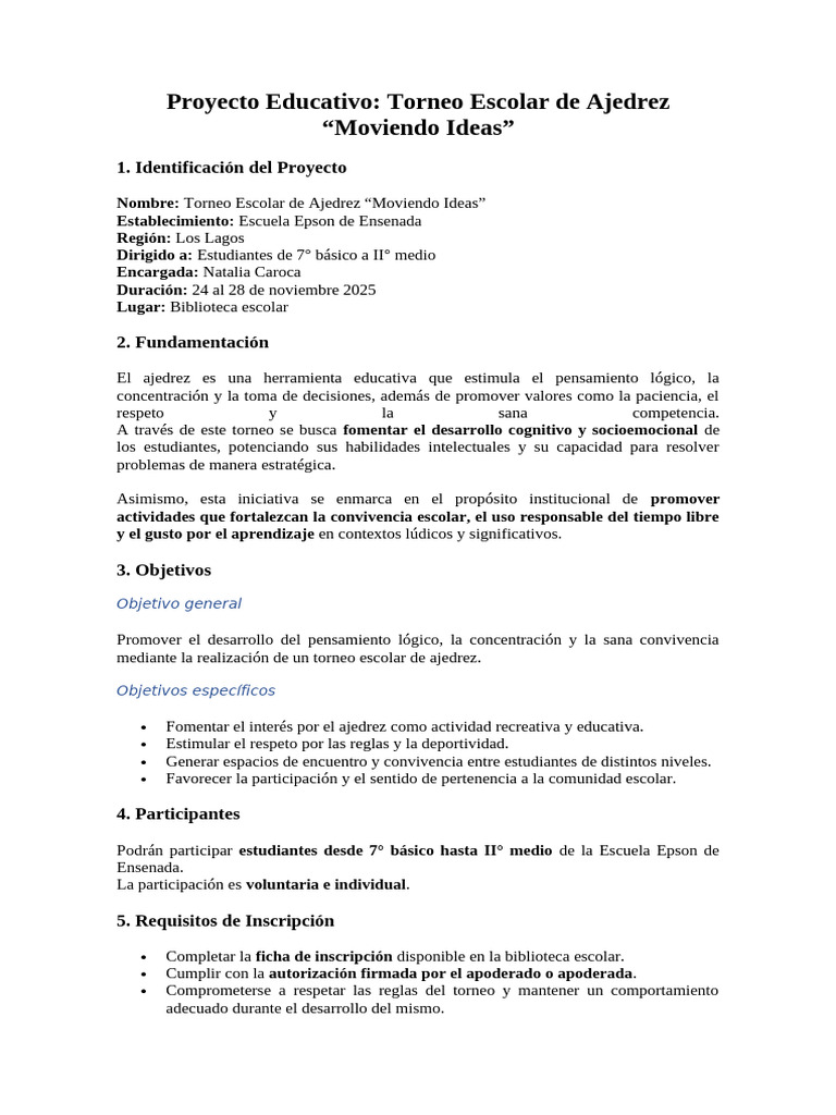 Proyecto Educativo AJEDREZ | PDF | Ajedrez | Aprendizaje