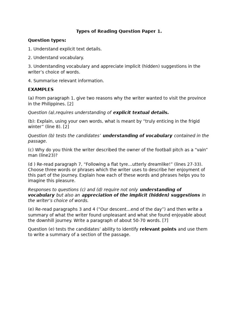 Types of Reading Question Paper 1 | PDF