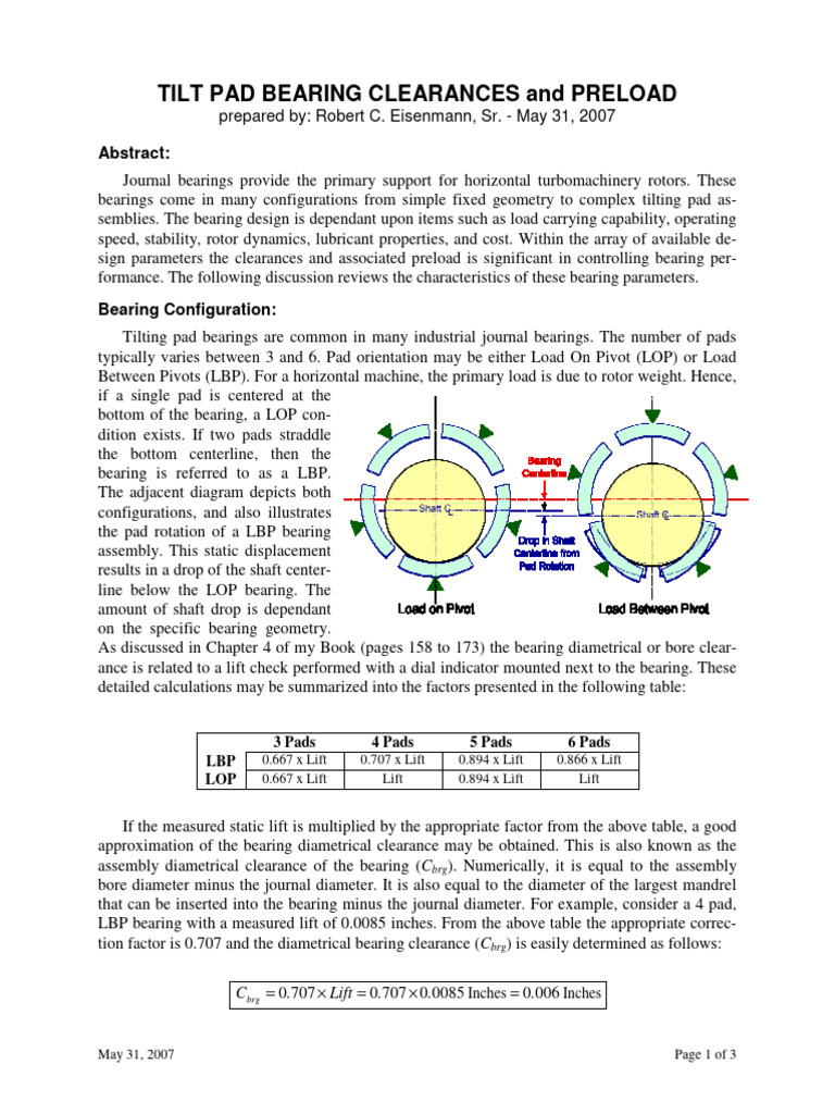 Tilt Pad Bearing Clearances and Preload-1 | PDF | Bearing (Mechanical ...