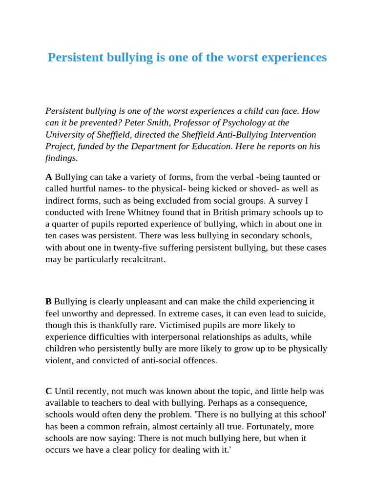 Persistent Bullying is One of the Worst Experiences | PDF | Bullying ...