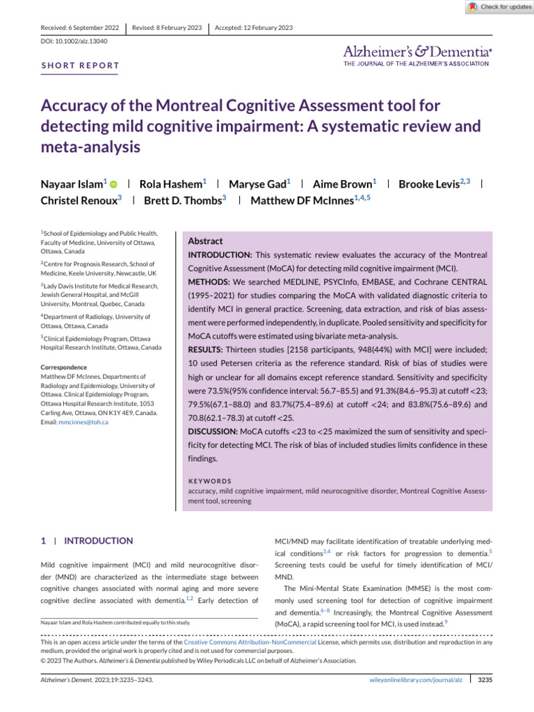 Alzheimer s Dementia - 2023 - Islam - Accuracy of the Montreal ...