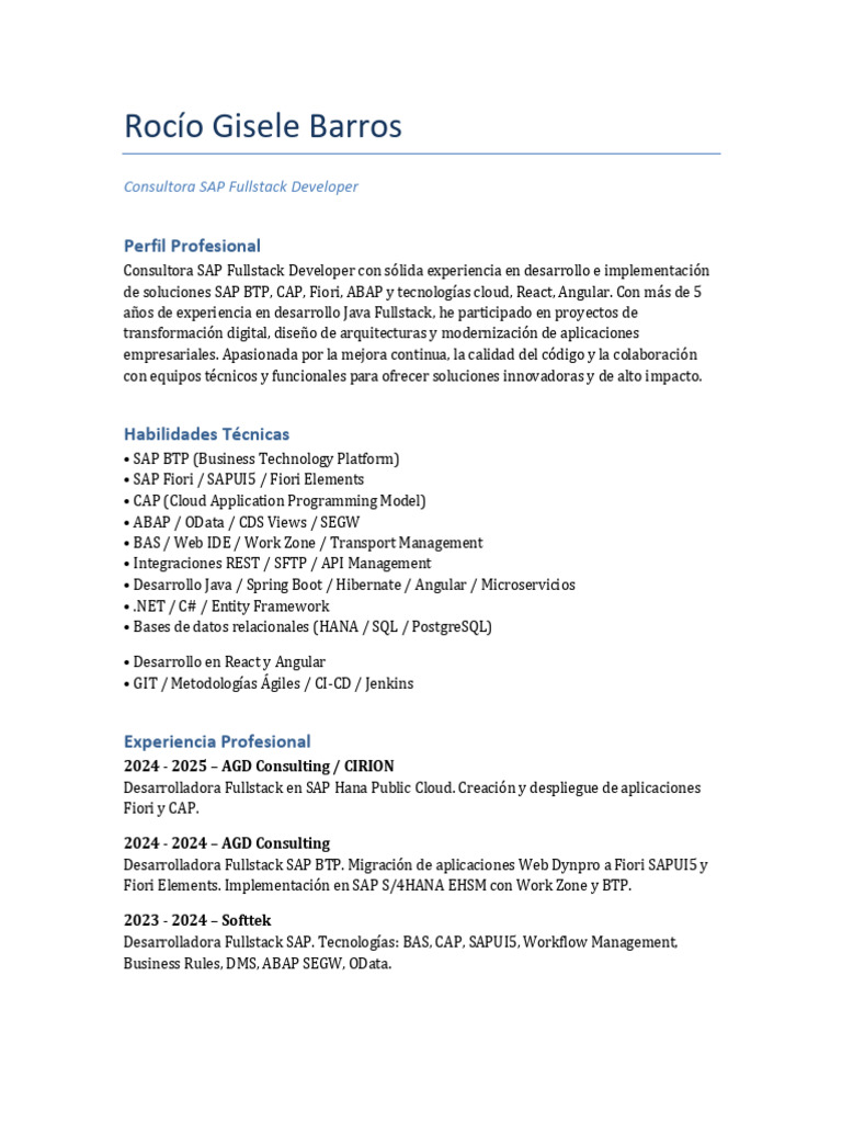 Barros Rocio CV SAP Fullstack Developer 2025 Ampliado | PDF | Diseño de ...