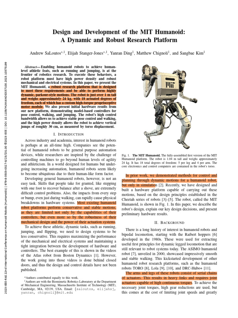 Design and Development of the MIT Humanoid a Dynamic and Robust ...