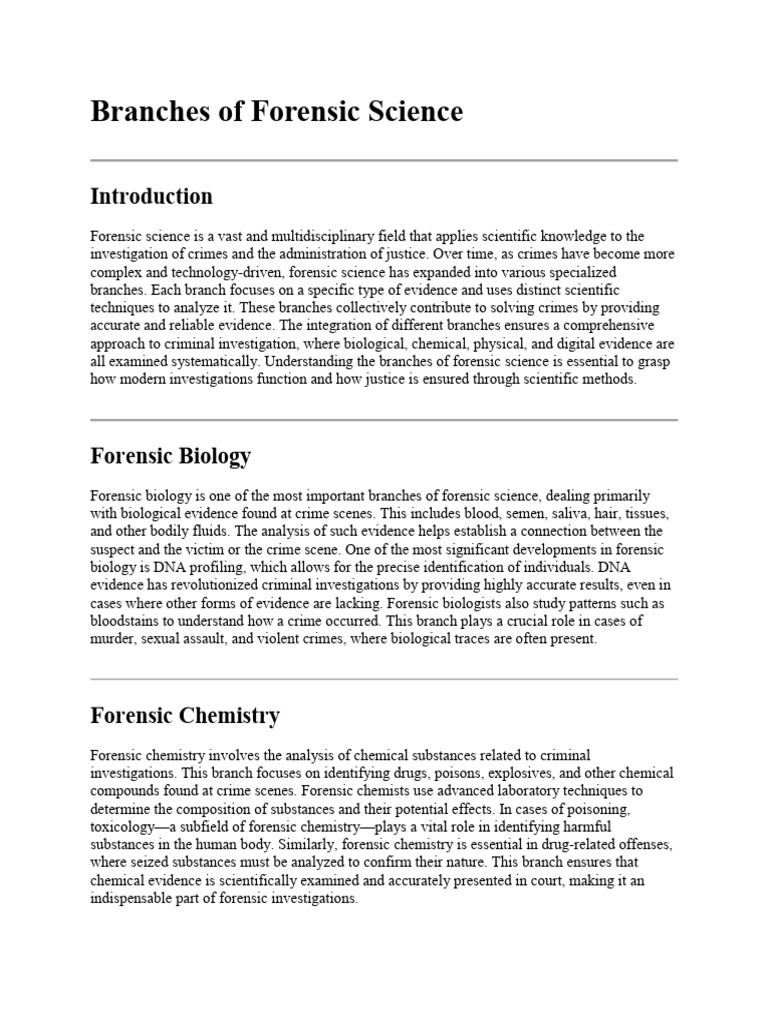 Branches of Forensic Science | PDF | Forensic Science | Crime Scene