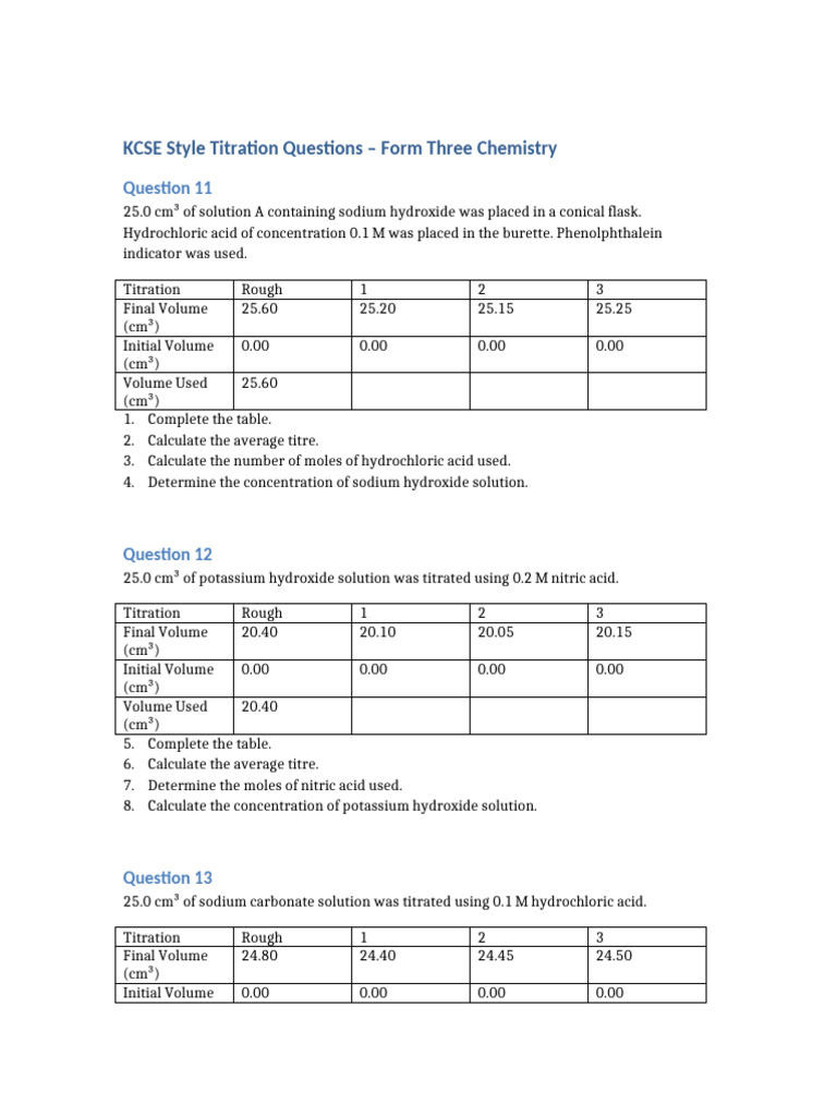 KCSE_Titration_Questions_Form3 | PDF | Titration | Chemistry