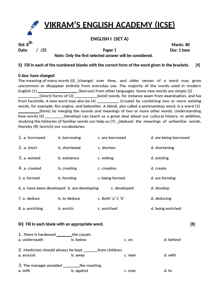 8th Grammar Paper - 80 M_set A | PDF | Dr. Watson