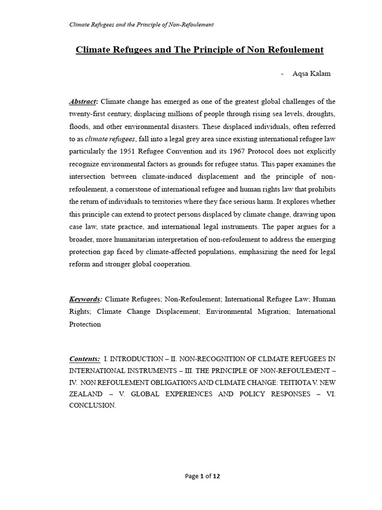 Climate Refugees and the Principle of Non Refoulment | PDF | Refugee ...