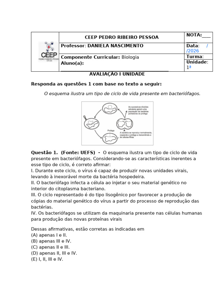 Prova 2ºADM B-Biologia - Iunidade | PDF | Vírus | Bactérias
