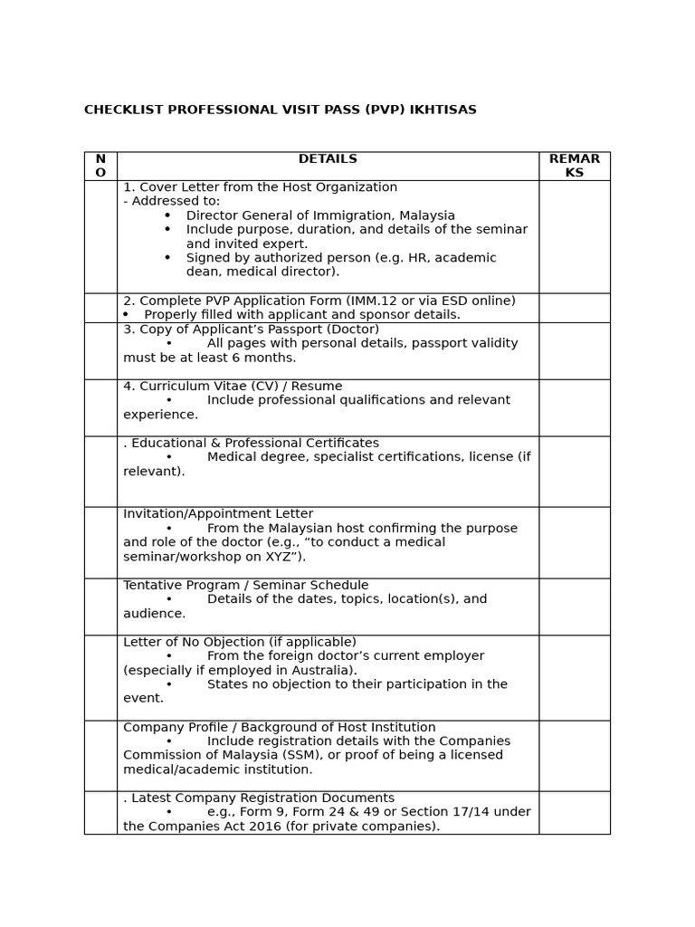 Checklist Professional Visit Pass | PDF