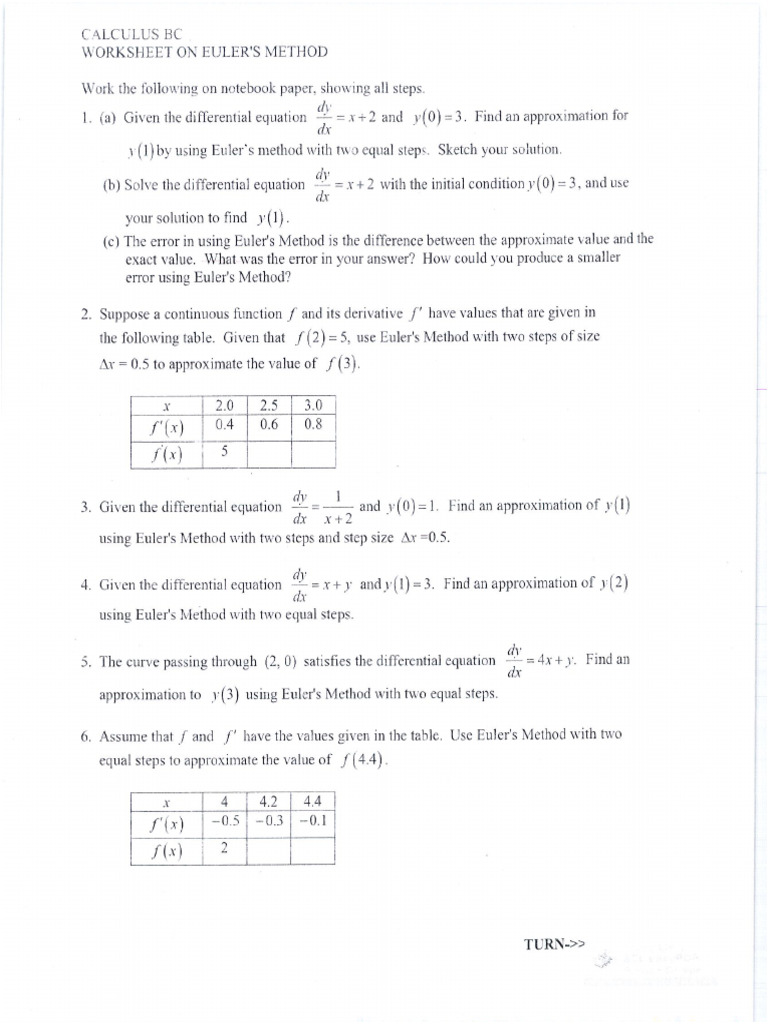 Ap calcBC Euler Worksheet Practice Paper PDF | PDF