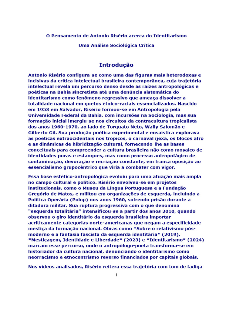 O Pensamento de Antonio Risério Acerca Do Identitarismo | PDF