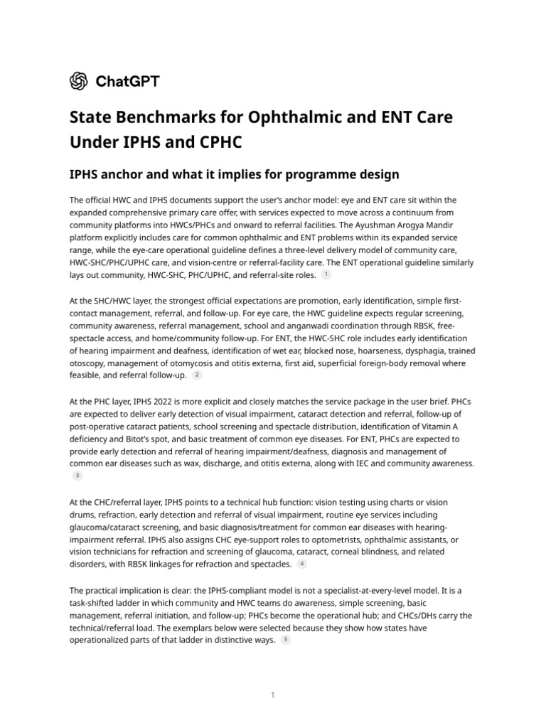 State Benchmarks for Ophthalmic and ENT Care Under IPHS and CPHC | PDF ...