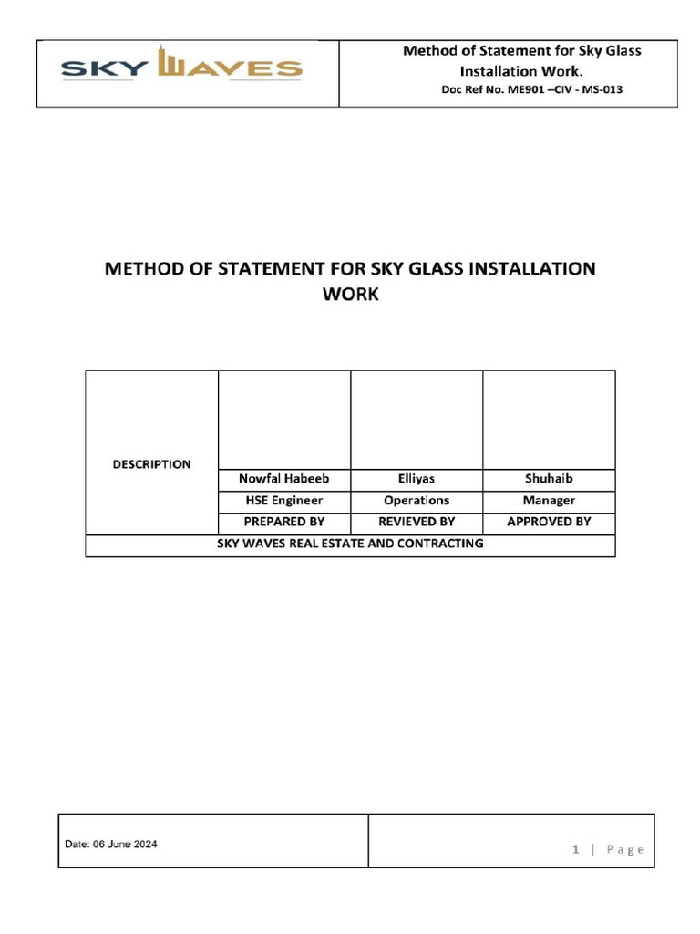 METHOD OF STATEMENT FOR SKY LIGHT GLASS INSTALLATION | PDF