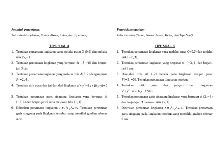 Soal UH Persamaan Lingkaran MAT TL Kelas 11 FIX | PDF