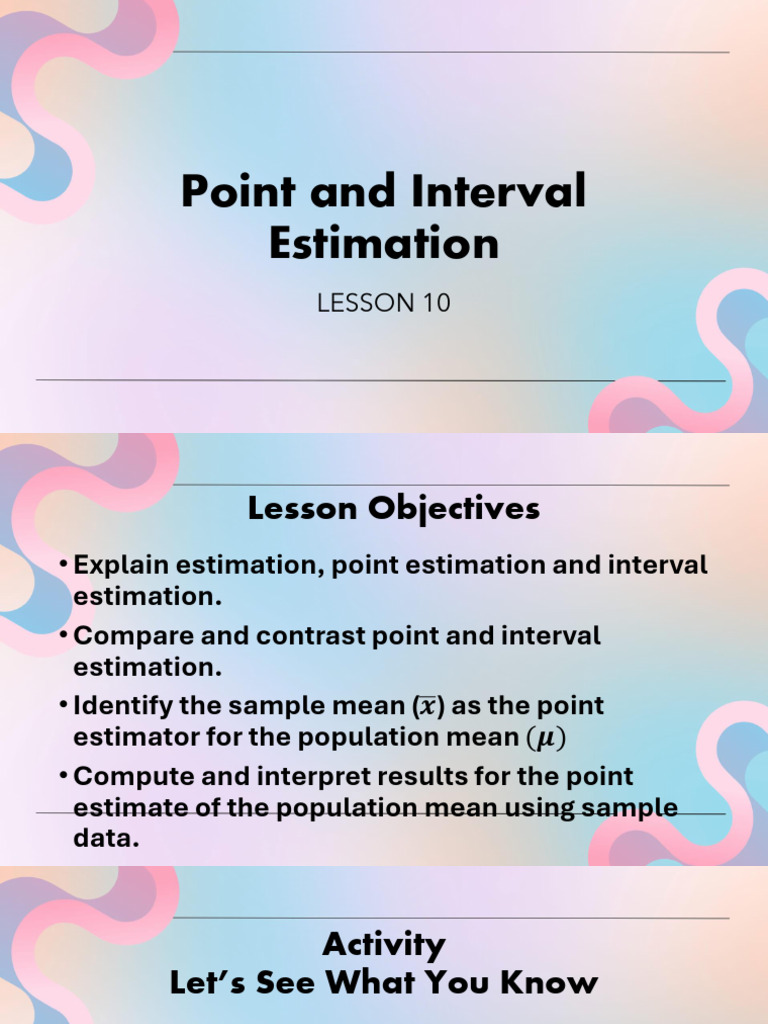 Lesson 10 Point and Interval Estimation | PDF | Estimator | Confidence ...
