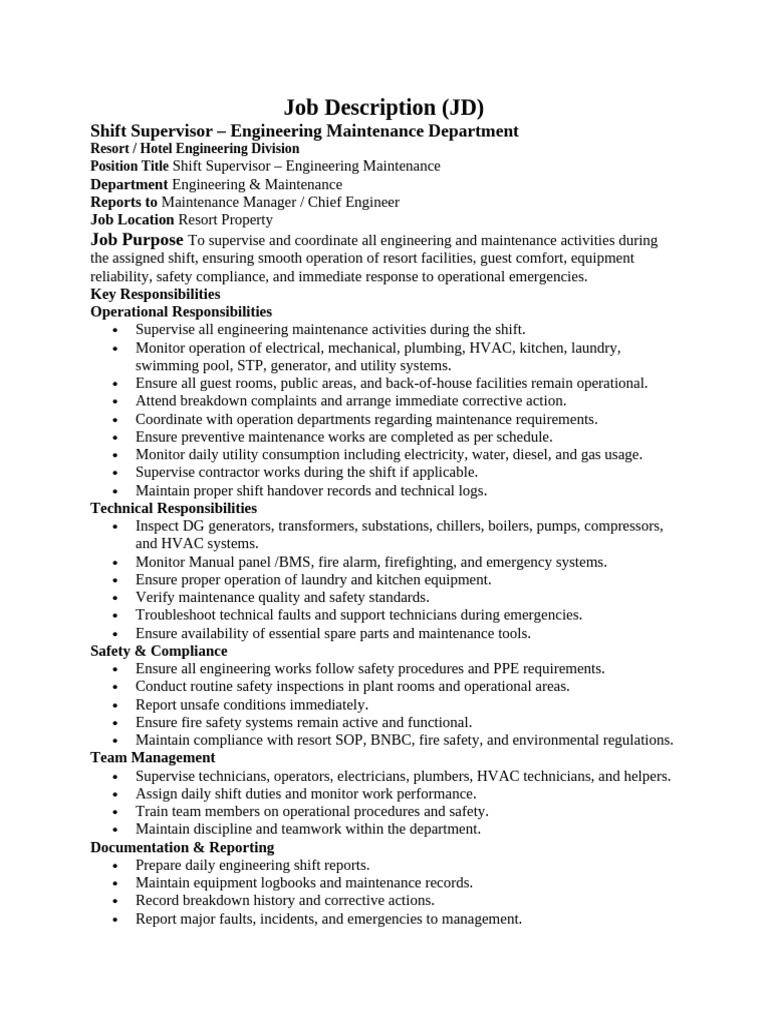 Job Description Shift Supervisor | PDF | Safety