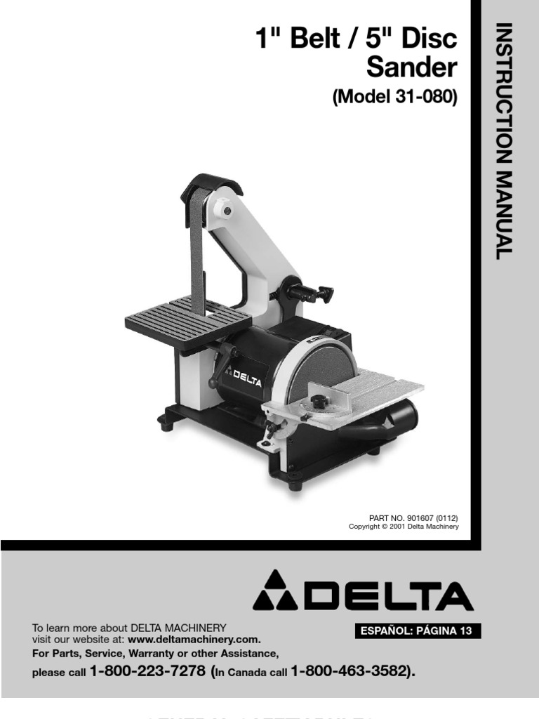 Delta Model 31080 1" Belt Sander Manual Ac Power Plugs And Sockets