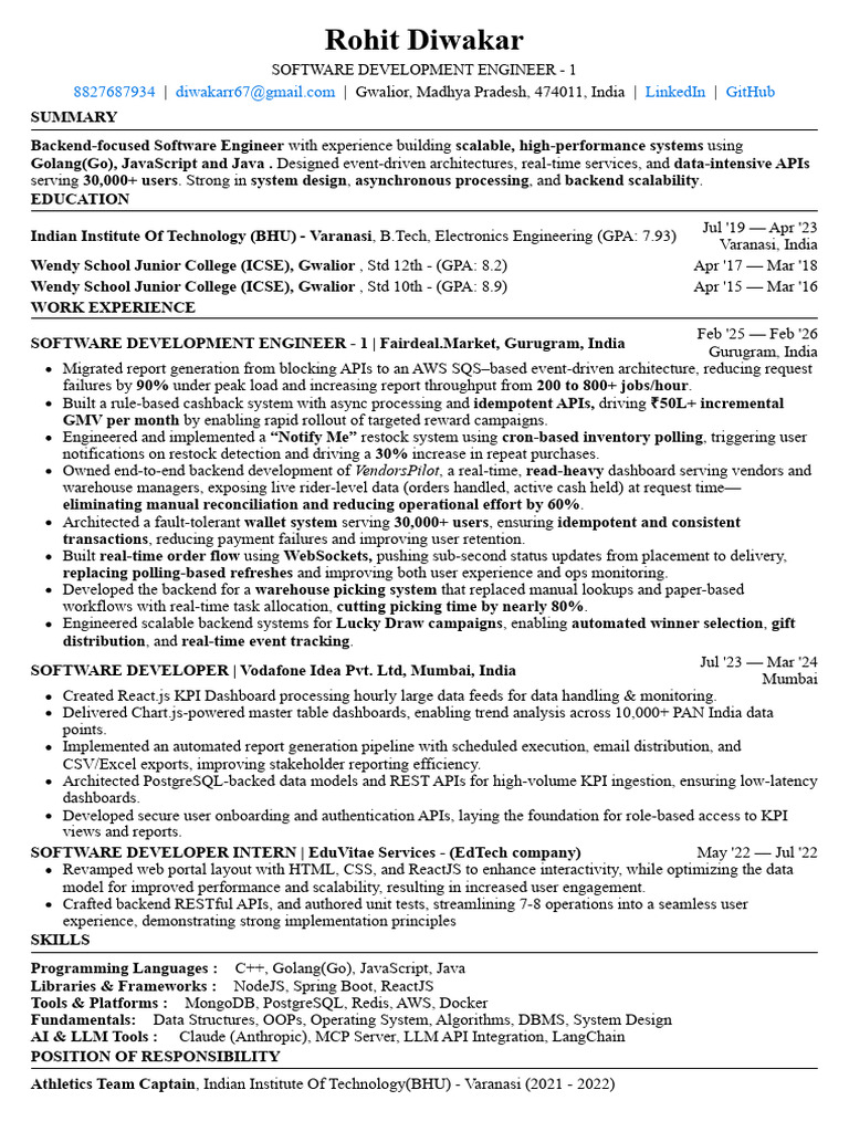 Resume Rohit Diwakar | PDF | Software Engineering | Information Technology