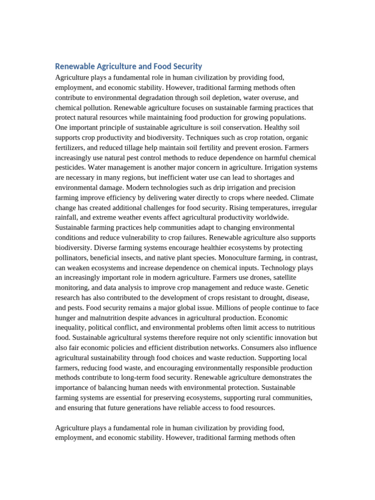 Renewable Agriculture and Food Security | PDF | Agriculture ...