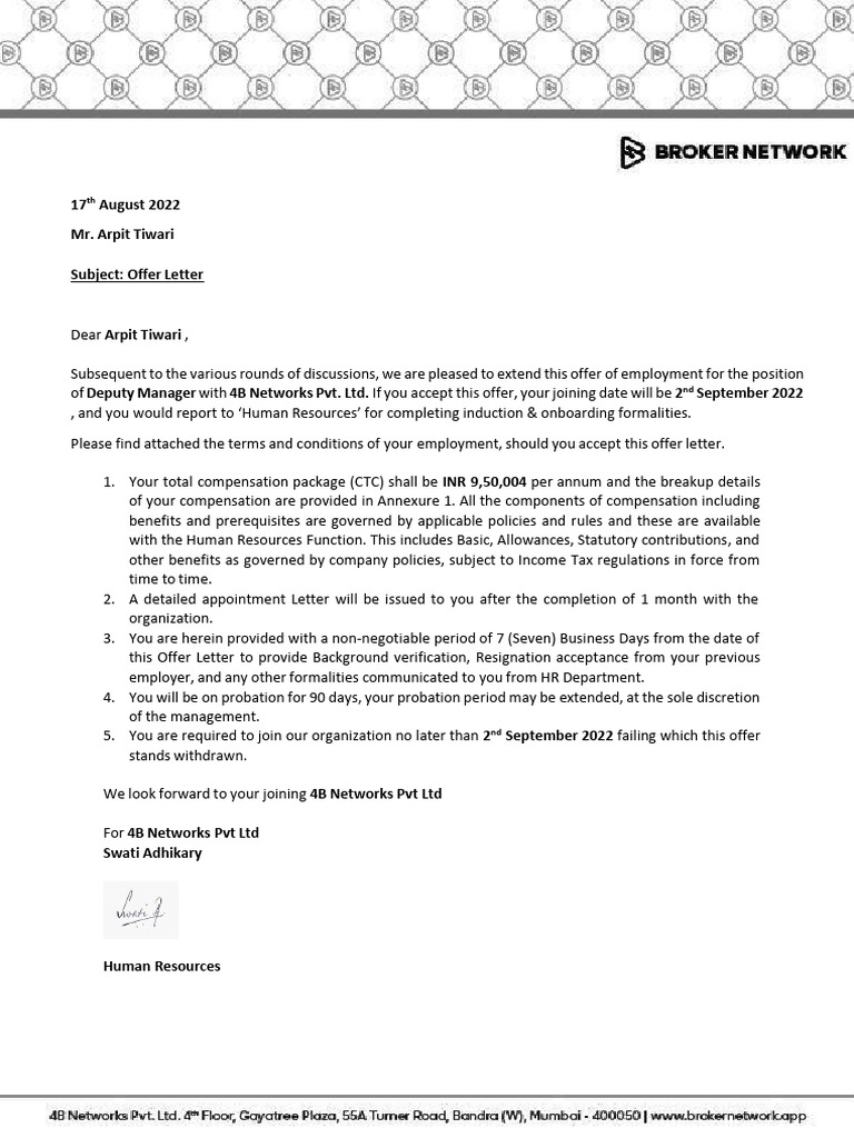 4BN-Offer Letter Arpit Tiwari | PDF | Business | Payments