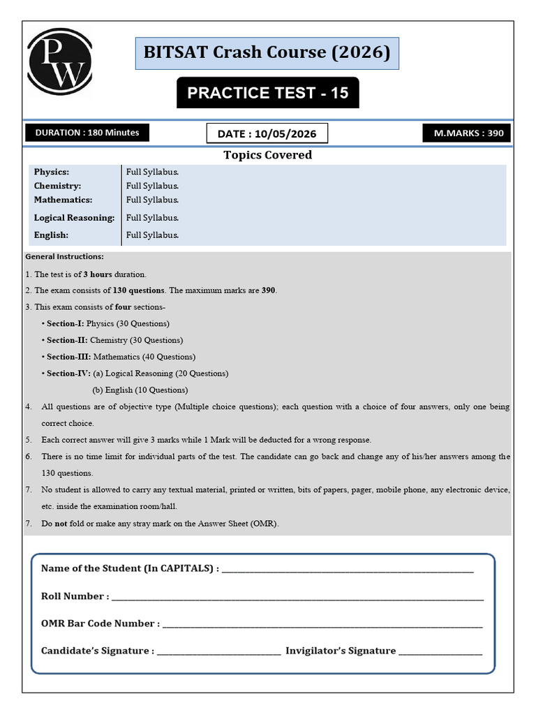 Practice Test 15 Test Paper | PDF | Electron | Glucose