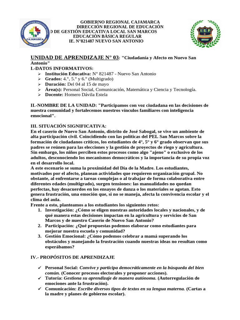 unidad de aprendizaje mayo (1) | PDF | Las emociones | Educación primaria