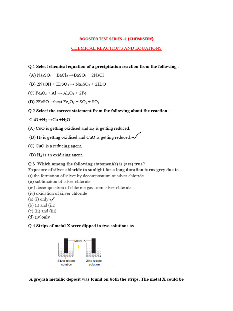 Chemical Reactions and Equations Mcq Practice Sheet | PDF | Chemical ...