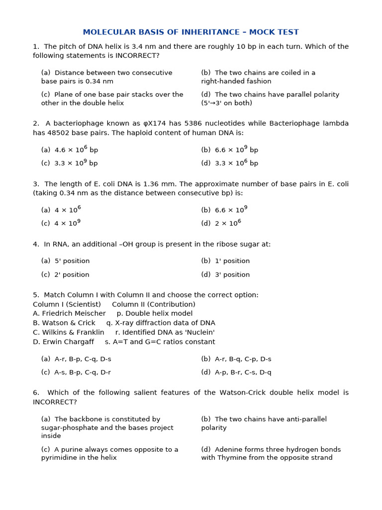 NEET Mock Test Molecular Basis of Inheritance | PDF | Ribosomal Rna ...