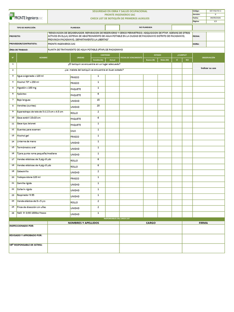 Checklist de Botiquín de Primeros Auxilios - PRONTE INGENIEROS SAC | PDF