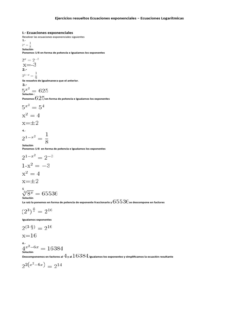 Ejercicios resueltos Ecuaciones exponenciales | PDF | Logaritmo ...