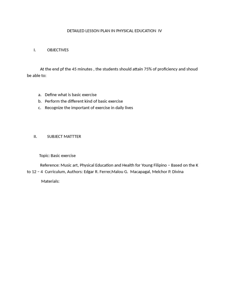 Detailed Lesson Plan in Physical Education IV | PDF | Physical ...