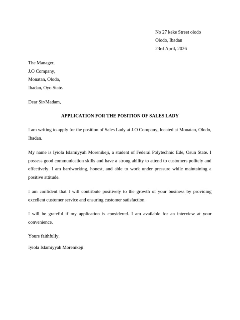 Application For The Position of Sales Lady | PDF