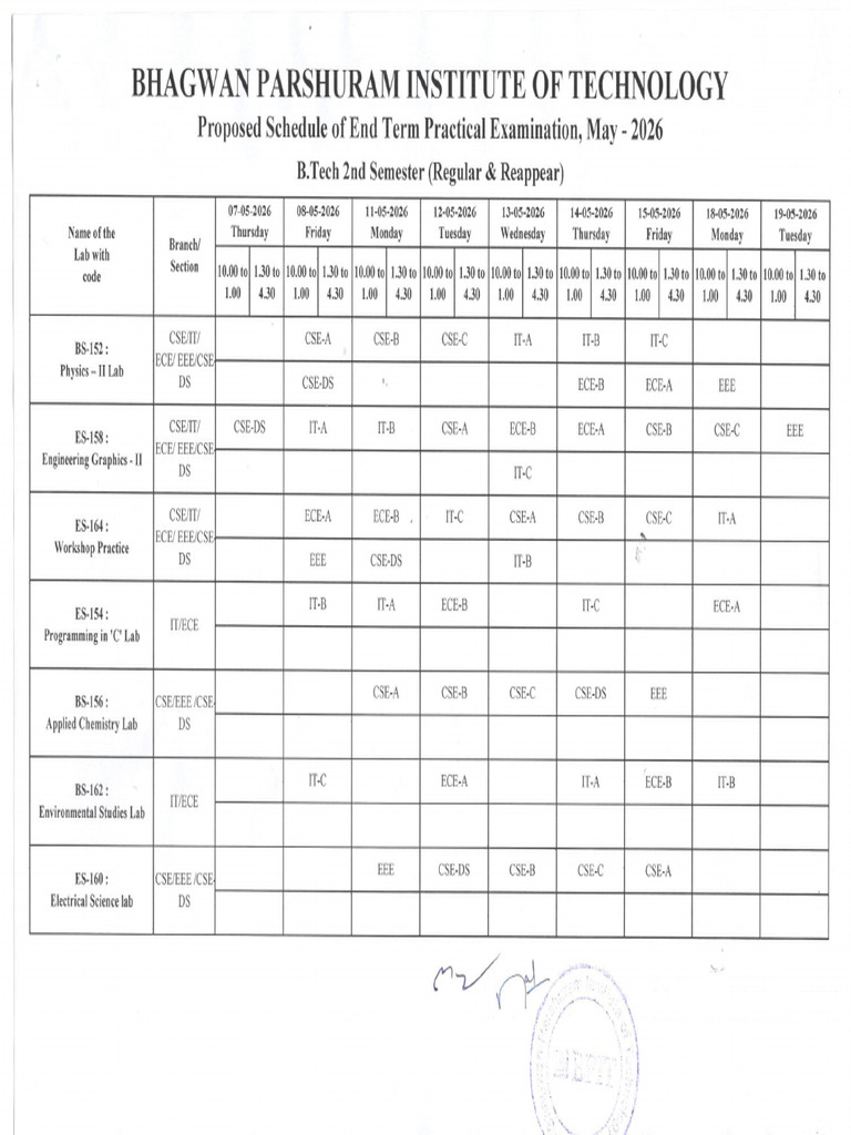 BPIT-Proposed Schedule of End Term Practical Examination May 2026 | PDF
